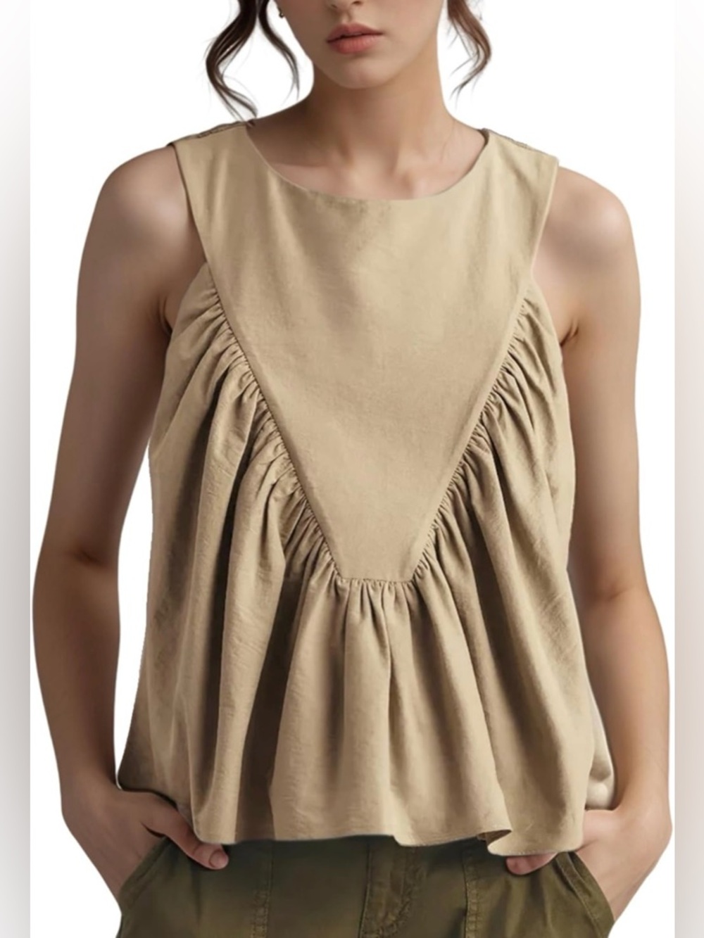NWOT Sleeveless Gathered V-Panel Tank Top - Beige